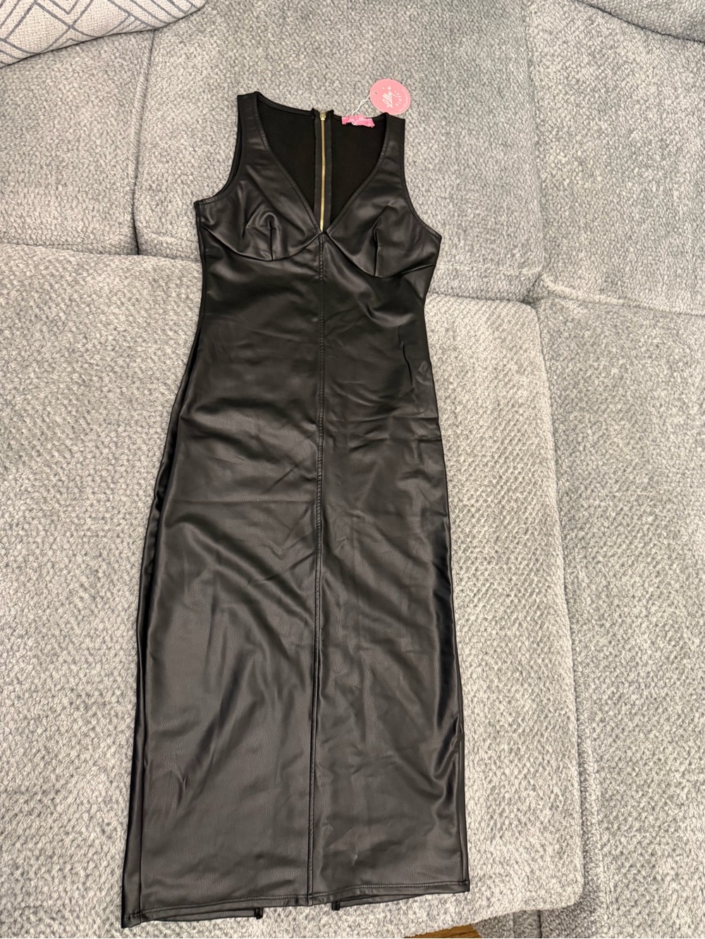 Faux Leather Black Maxi Dress with Front Zip - Women's